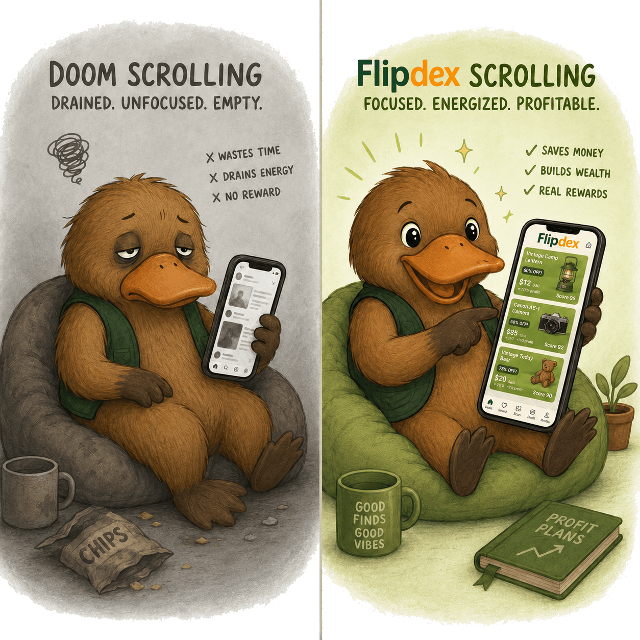 Doom scrolling compared with Flipdex scrolling