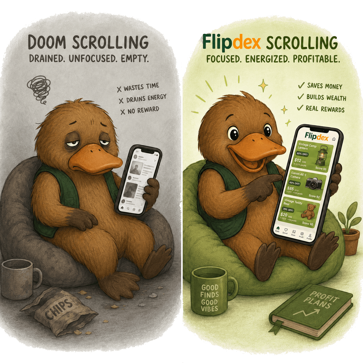 Doom scrolling compared with Flipdex scrolling